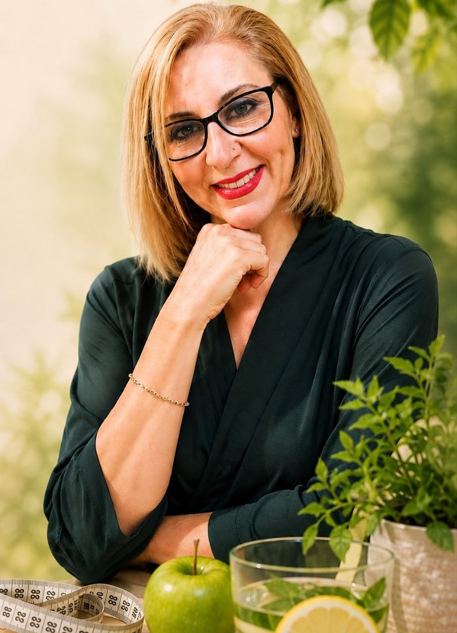 Giovanna Moffa in un ambiente naturale, con mela, limone, acqua e metro su un tavolo