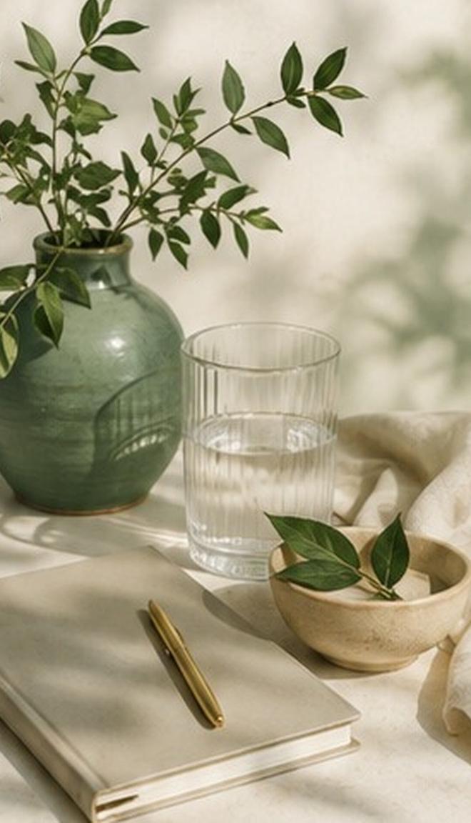 Ambiente naturale dedicato al benessere con piante, vaso, bicchiere, taccuino e penna